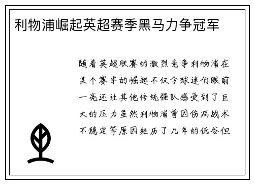 利物浦崛起英超赛季黑马力争冠军