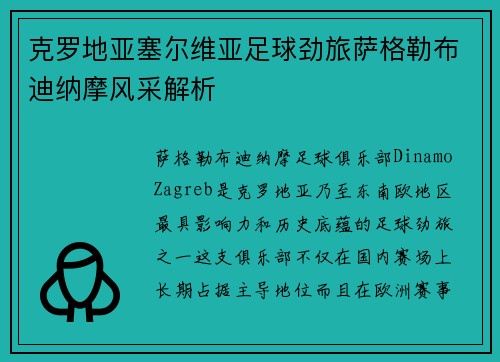 克罗地亚塞尔维亚足球劲旅萨格勒布迪纳摩风采解析